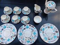 Stunning Vintage Myott Silver Lustre Blue Flower Hand- Painted Part Coffee Set