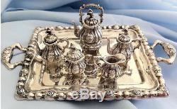 TEA and COFFEE SET withTRAY, Vintage Sterling Silver. 095, Miniature, 6 Pieces
