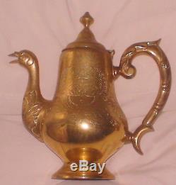 Tea Pot Coffee Pot Set Vintage Brass Silver Bird Etched