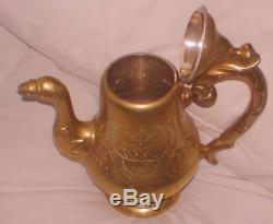 Tea Pot Coffee Pot Set Vintage Brass Silver Bird Etched