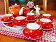 Tea Coffee Set Red With White Peas Dfz Dulevo 1967-1991 Ussr Vintage (no Lfz)