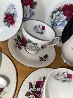 True VTG Bone China Coffee Set Teacups Saucer Plates Jug Bowl Antique Rose Trios