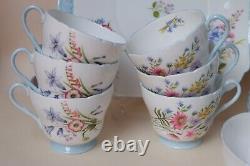 Unused Vintage SHELLY WILD FLOWERS Baby Blue Handle 21 Pcs Tea / Coffee Set