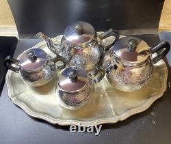 VINTAGE Coffee/Tea Set Of 5 Pc Tea/coffee/Milk Pots, Sugar Bowl & Melchior Tray