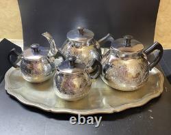 VINTAGE Coffee/Tea Set Of 5 Pc Tea/coffee/Milk Pots, Sugar Bowl & Melchior Tray