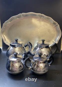 VINTAGE Coffee/Tea Set Of 5 Pc Tea/coffee/Milk Pots, Sugar Bowl & Melchior Tray