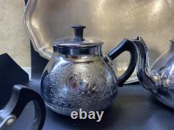 VINTAGE Coffee/Tea Set Of 5 Pc Tea/coffee/Milk Pots, Sugar Bowl & Melchior Tray