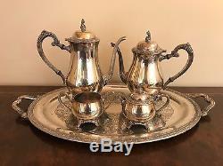 VINTAGE ONEIDA SILVERPLATE FOOTED 6 PC COFFEE TEA SERVICE SET With ORNATE TRAY