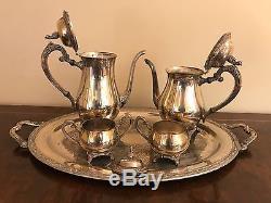 VINTAGE ONEIDA SILVERPLATE FOOTED 6 PC COFFEE TEA SERVICE SET With ORNATE TRAY
