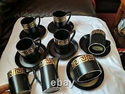 VINTAGE PORT MERION BLACK & GOLD GREEK KEY COFFEE SET SUSAN ELLIE 15pcs