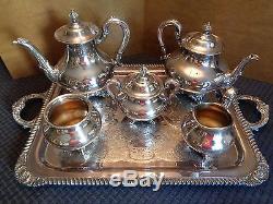 VINTAGE REED & BARTON 6 PIECE REGENT TEA/COFFEE SILVERPLATE SET with FOOTED TRAY
