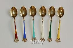 VINTAGE SET 6 GOLD GILT 925 STERLING SILVER & ENAMEL NORWAY COFFEE SPOONS 1 af