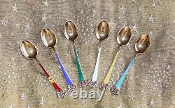 VINTAGE SET 6 GOLD GILT 925 STERLING SILVER & ENAMEL NORWAY COFFEE SPOONS 1 af