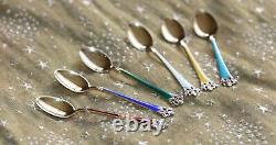 VINTAGE SET 6 GOLD GILT 925 STERLING SILVER & ENAMEL NORWAY COFFEE SPOONS 1 af