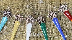 VINTAGE SET 6 GOLD GILT 925 STERLING SILVER & ENAMEL NORWAY COFFEE SPOONS 1 af