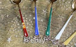 VINTAGE SET 6 GOLD GILT 925 STERLING SILVER & ENAMEL NORWAY COFFEE SPOONS 1 af