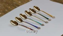 VINTAGE SET 6 GOLD GILT 925 STERLING SILVER & ENAMEL NORWAY COFFEE SPOONS 1 af