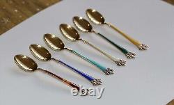 VINTAGE SET 6 GOLD GILT 925 STERLING SILVER & ENAMEL NORWAY COFFEE SPOONS 1 af