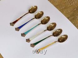 VINTAGE SET 6 GOLD GILT 925 STERLING SILVER & ENAMEL NORWAY COFFEE SPOONS 1 af