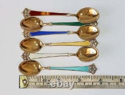 VINTAGE SET 6 GOLD GILT 925 STERLING SILVER & ENAMEL NORWAY COFFEE SPOONS 1 af