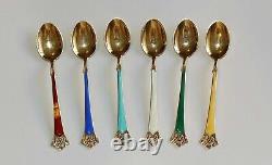 VINTAGE SET 6 GOLD GILT 925 STERLING SILVER & ENAMEL NORWAY COFFEE SPOONS 1 af