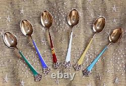 VINTAGE SET 6 GOLD GILT 925 STERLING SILVER & ENAMEL NORWAY COFFEE SPOONS 1 af