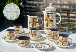 VTG Cinque Ports Pottery Monastery Rye Coffee Tea Set Brown Floral 70s 14 Piece