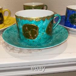 VTG Limoges Hand Painted, Raised Gold Cups & Saucers Set Of 4 Mint Condition
