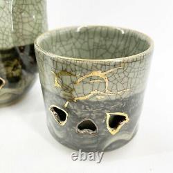 VTG Rare Somayaki Soma Ware Green Crackle Horse Heart Coffee Tea Pot 4 Cups Set