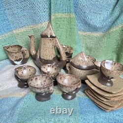 Vallauris Pottery Coffee Set Vintage Organic Wood Drip glaze Brown 20 Pc Mint