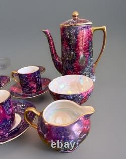 Victoria Czechoslovakia Purple Marble Coffee Set Vintage Art Deco Lusterware