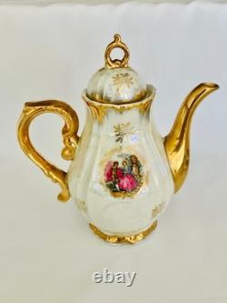 Vintage 15 Pc Lustreware Coffee Set Romantic Couple Pearl Luster Porcelain Gold