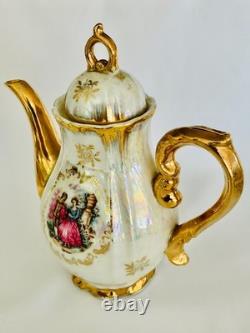 Vintage 15 Pc Lustreware Coffee Set Romantic Couple Pearl Luster Porcelain Gold