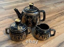 Vintage 15pc Tea Set Black Handpainted Greek Demitasse 24K Gold Trim Spyropoulos