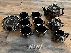 Vintage 15pc Tea Set Black Handpainted Greek Demitasse 24K Gold Trim Spyropoulos