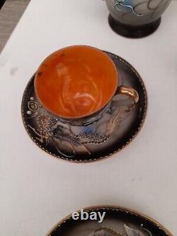 Vintage 1950s Hand Painted Japanese Dragon Design 13Piece Tea Set Orange Black