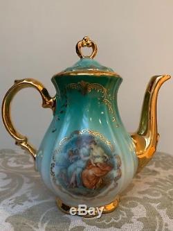 Vintage 1950s Porcelain Bavaria KHM Germany Coffee/Tea Set For 6 Gold/ Green
