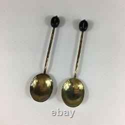 Vintage 1972 Solid Silver Guilloche Enamel Set Of 6 Coffee Bean Spoons 9.5cm