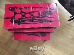Vintage 60s Red And Black Paint Splash Belarti Set Of 3 Tiled Coffee Tables