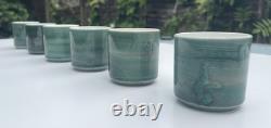 Vintage 70s 80s Gien France Ceramic Espresso Coffee Mugs Set of 6 GREEN 6cm VGC