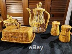 Vintage 8 piece Ceramic Coffee Tea Set with Roosters and Basket Weave pattern