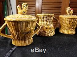 Vintage 8 piece Ceramic Coffee Tea Set with Roosters and Basket Weave pattern