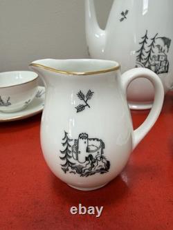 Vintage ALP Lidköping Sweden Porcelain Coffee Set Black Gold 18pc Castle Scenic