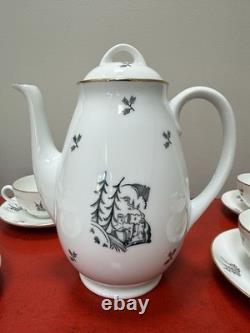 Vintage ALP Lidköping Sweden Porcelain Coffee Set Black Gold 18pc Castle Scenic