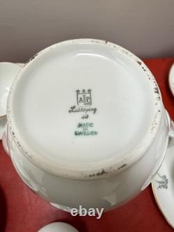 Vintage ALP Lidköping Sweden Porcelain Coffee Set Black Gold 18pc Castle Scenic