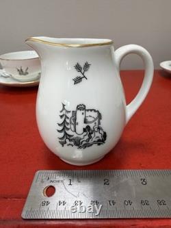 Vintage ALP Lidköping Sweden Porcelain Coffee Set Black Gold 18pc Castle Scenic
