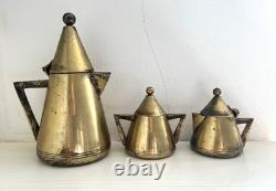 Vintage ART DECO / MODERNIST Brass EPNS COFFEE TEA SET 3 PCS Sugar Pot Creamer