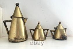 Vintage ART DECO / MODERNIST Brass EPNS COFFEE TEA SET 3 PCS Sugar Pot Creamer