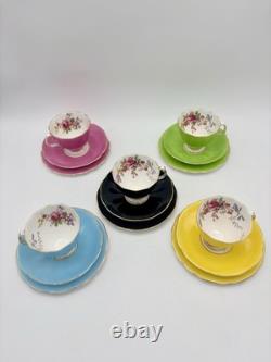 Vintage Adderley Harlequin Floral Tea Set 15 Piece Pastel Mixed Color Trios