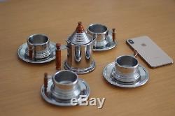 Vintage Alpu Puppieni Italy Stainless Coffee Cup Saucer Plate and Pot set, Mint